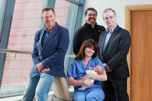 DC 16/06/2016 - REPRO FREE FREE PIC Irish biotech company, Metabolomic Diagnostics, has secured a further €2 million in venture funding to help complete PrePsia, its pre-eclampsia screening test for first time pregnant mothers.  Pictured here with 4 day old baby Molly, are Frank Walsh, Partner, Enterprise Equity, Bill Liao, European Investment Partner, SOSventures, Charles Garvey, CEO, Metabolomic Diagnostics, and Prof. Louise Kenny, Consultant Obstetrician at CUMH & Director of the INFANT Centre. Pic: Diane Cusack
