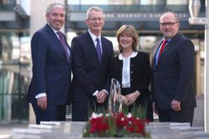 Pictured at the launch of the CSR Awards last March are John Cunningham, Chair of CSR Awards judging panel; Ian Talbot, Chief Executive, Chambers Ireland; Pauline McKiernan, Corporate Sustainability Manager, Ulster Bank (Winners of 2015 Award for Outstanding Achivement in CSR); Tadhg Lucey, Director of CSR and sustainability, BAM Ireland (sponsors of CSR Awards)